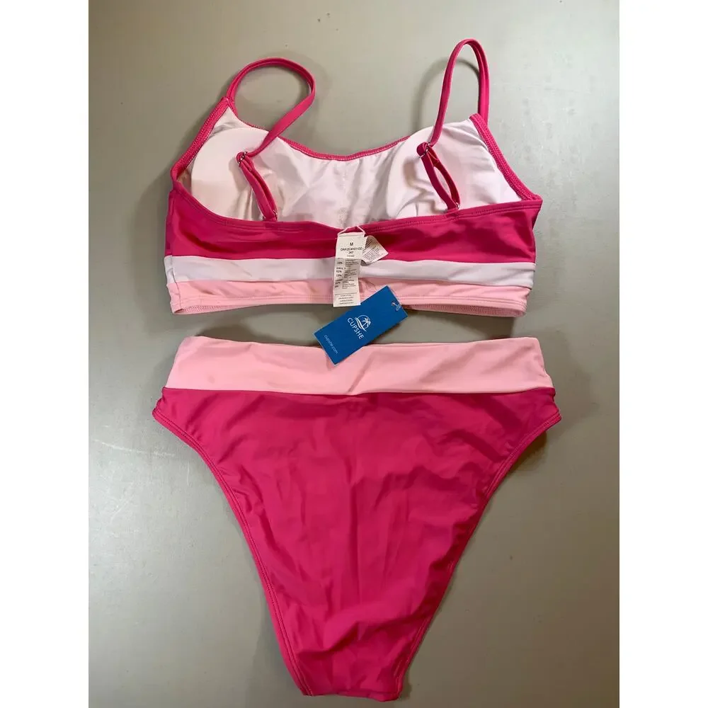 NWT Cupshe Pink Colorblock Sporty Bikini with High Rise Bottoms - Picture 7 of 9